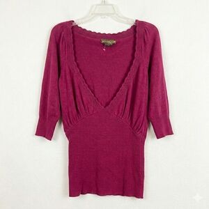 David Bitton Scalloped Deep V-Neck Sweater - Berry Pink - Angora Blend - Size L